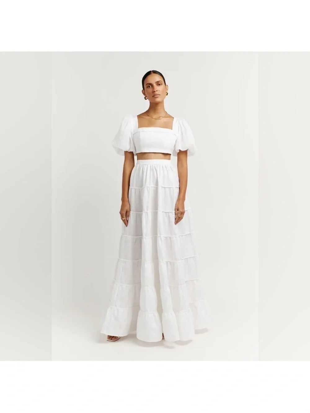 DISSH White Tiered Maxi Skirt with Crop Top Set - Picture 1 of 10
